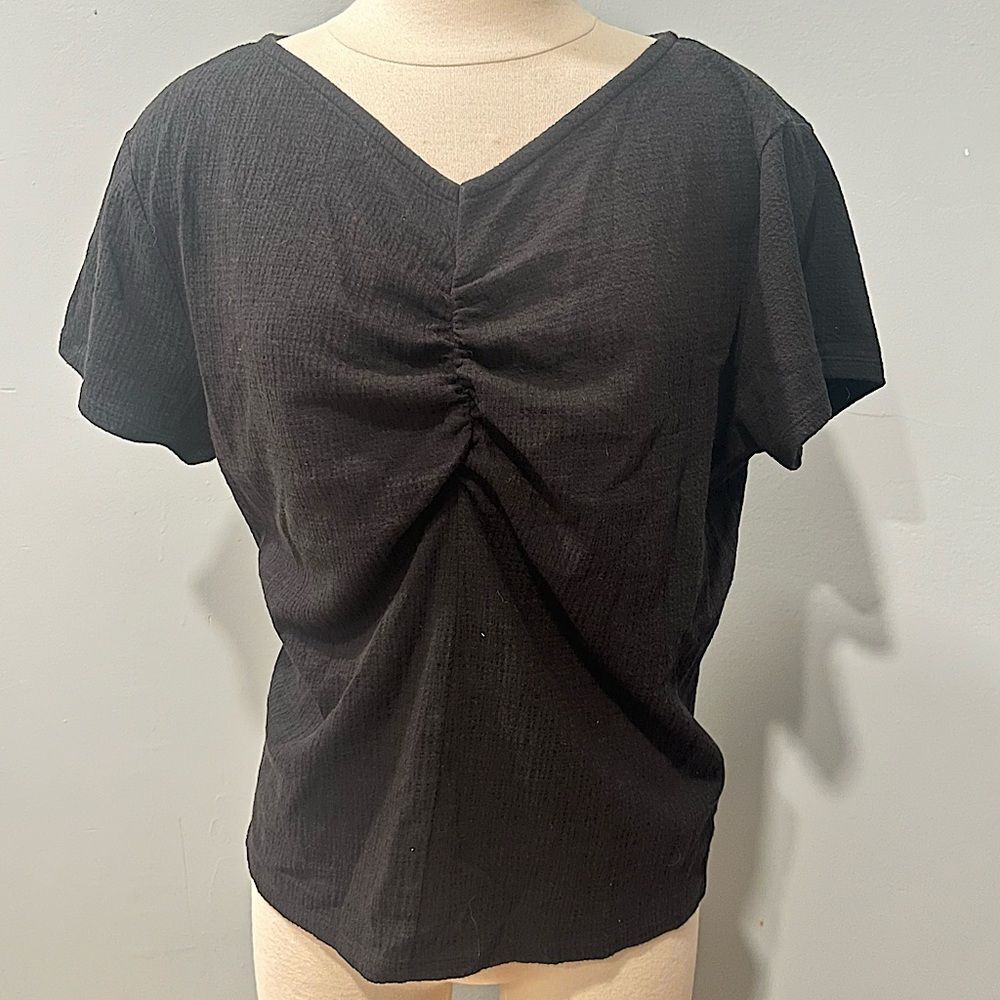 OAK + FORT Black Cotton Blend Oversized Cinched T-Shirt V Neck Top Size Medium